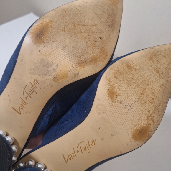Lord & Taylor Pearl Trim Round Block Heal Nave Blue Suede Mules Size 9 - Picture 10 of 12